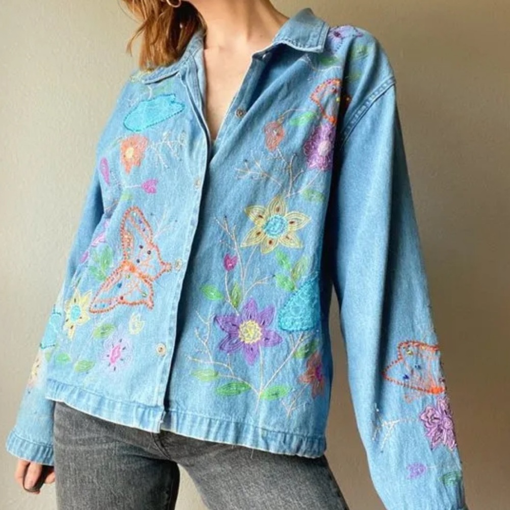 Vintage 1990s Denim Flower Butterfly Embroidered Button Up Shirt